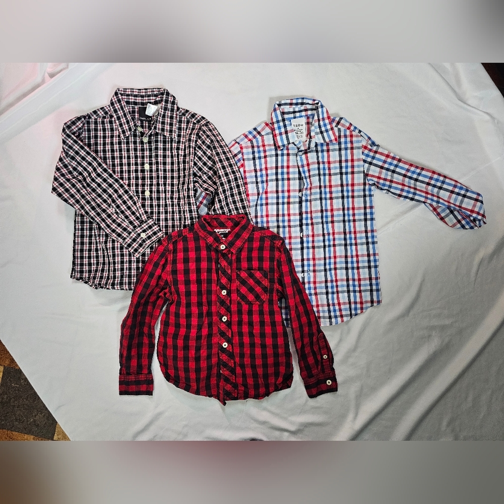 Set Of 3 Plaid Button-Down Boys Shirts- Red Black Blue White- Size 6
